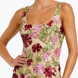 MAC DUGGAL Women’s Floral Beaded Mesh Scoop Neck Fitted Midi Dress